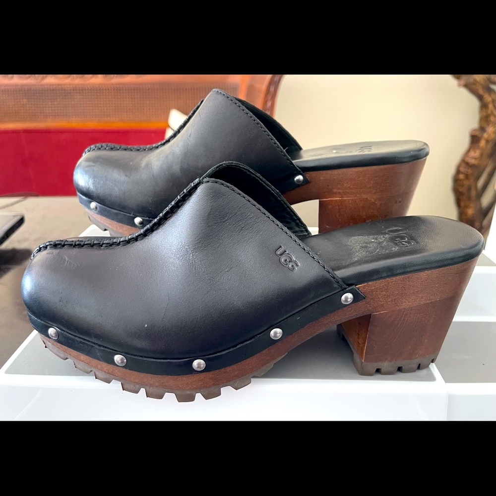 UGG Black Leather Mules with Brown Wooden Heel